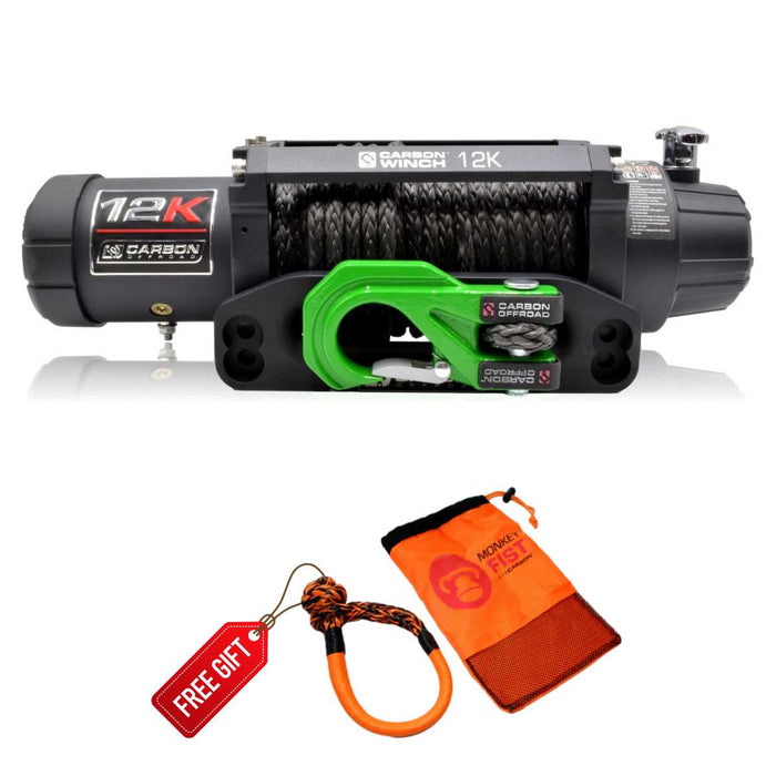 Carbon 12K 12000lb Winch - Synthetic Rope & Mega Pro Hook