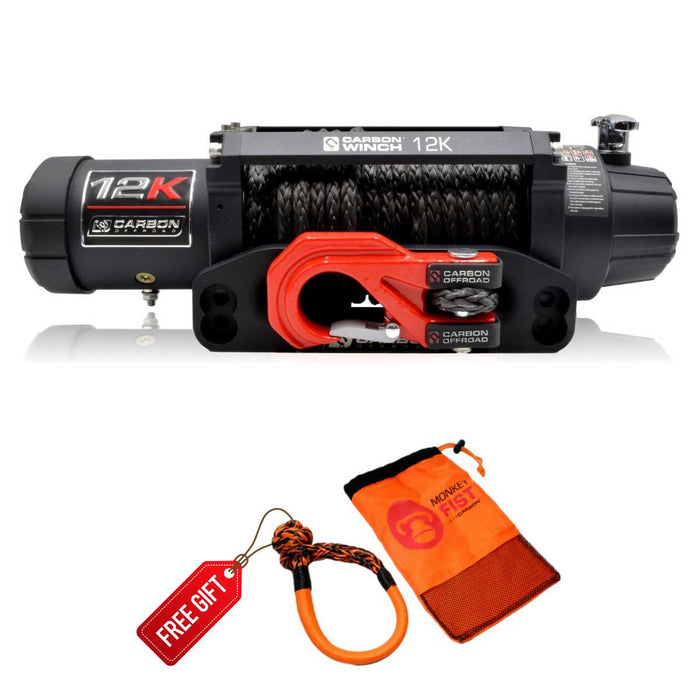 Carbon 12K 12000lb Winch - Synthetic Rope & Mega Pro Hook