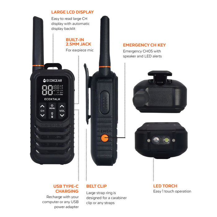 EcoXgear ECOXTALK EXG200 2-Watt IP67 Handheld UHF Radio Twin Pack