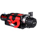 Runva 13xp winch side view with red rope and hook