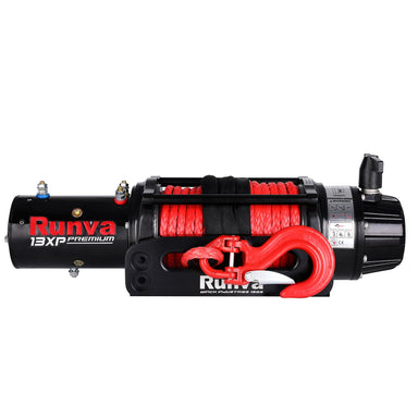 Runva 13xp winch front view with red rope and hook