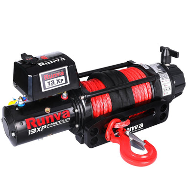 Runva 13xp winch full view including winch hook, 12v motor and isolator