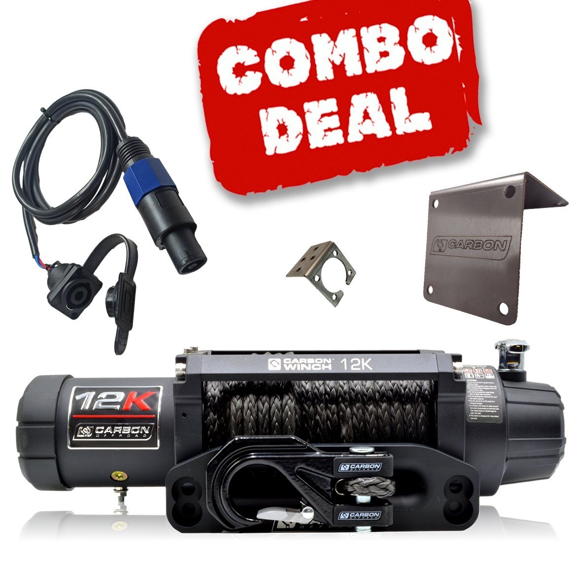 Carbon 12K V.3 12000lb Winch Black Hook Installers Combo Deal - Carbon Offroad